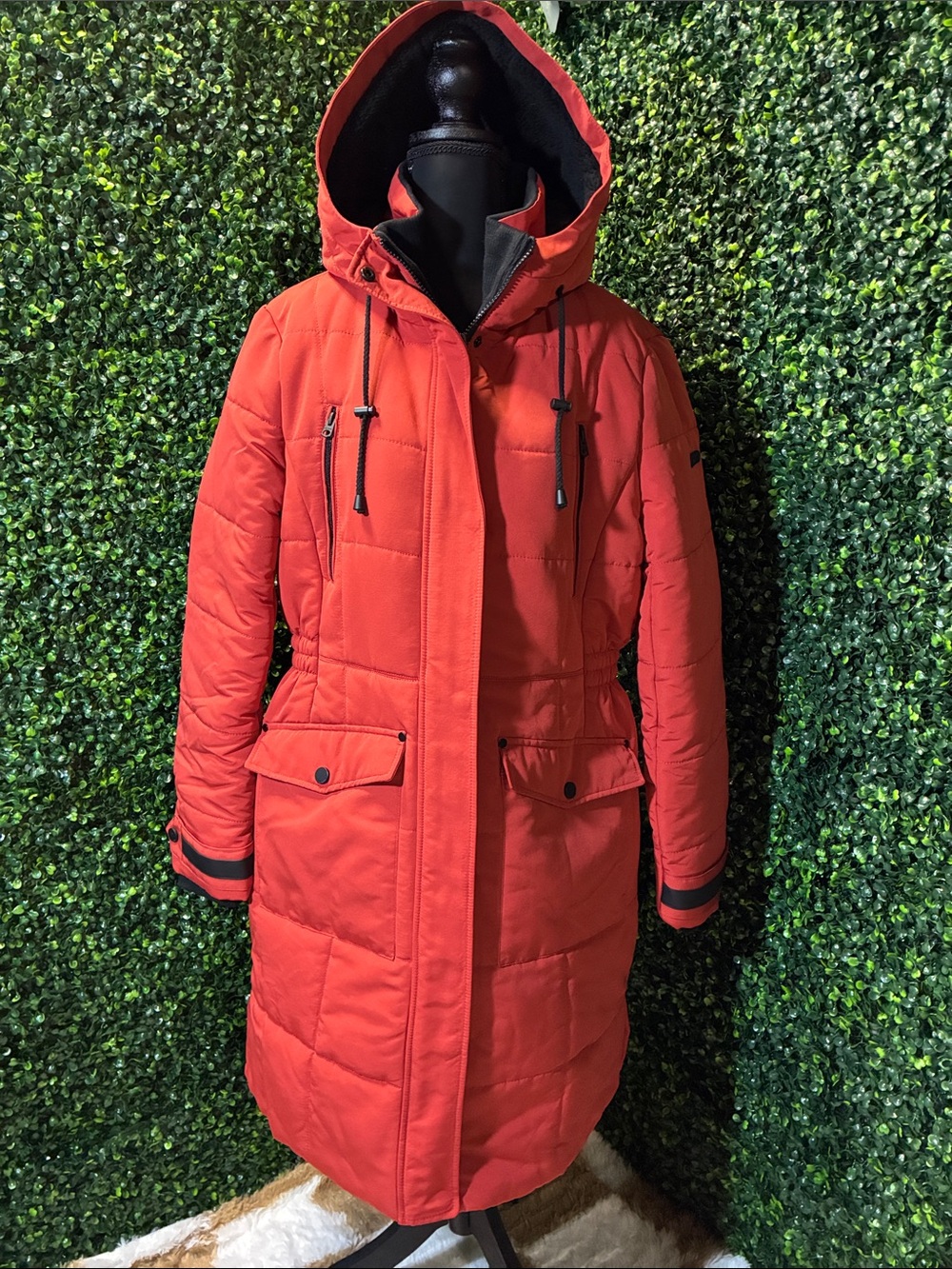 Lucky Brand Red Quilted Hooded Long Puffer Coat